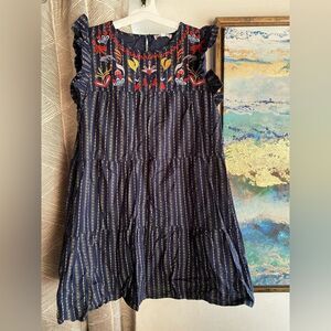 L Love Dress Womens Navy  Embroidered Floral Tunic Pockets Ruffle Lined NWT